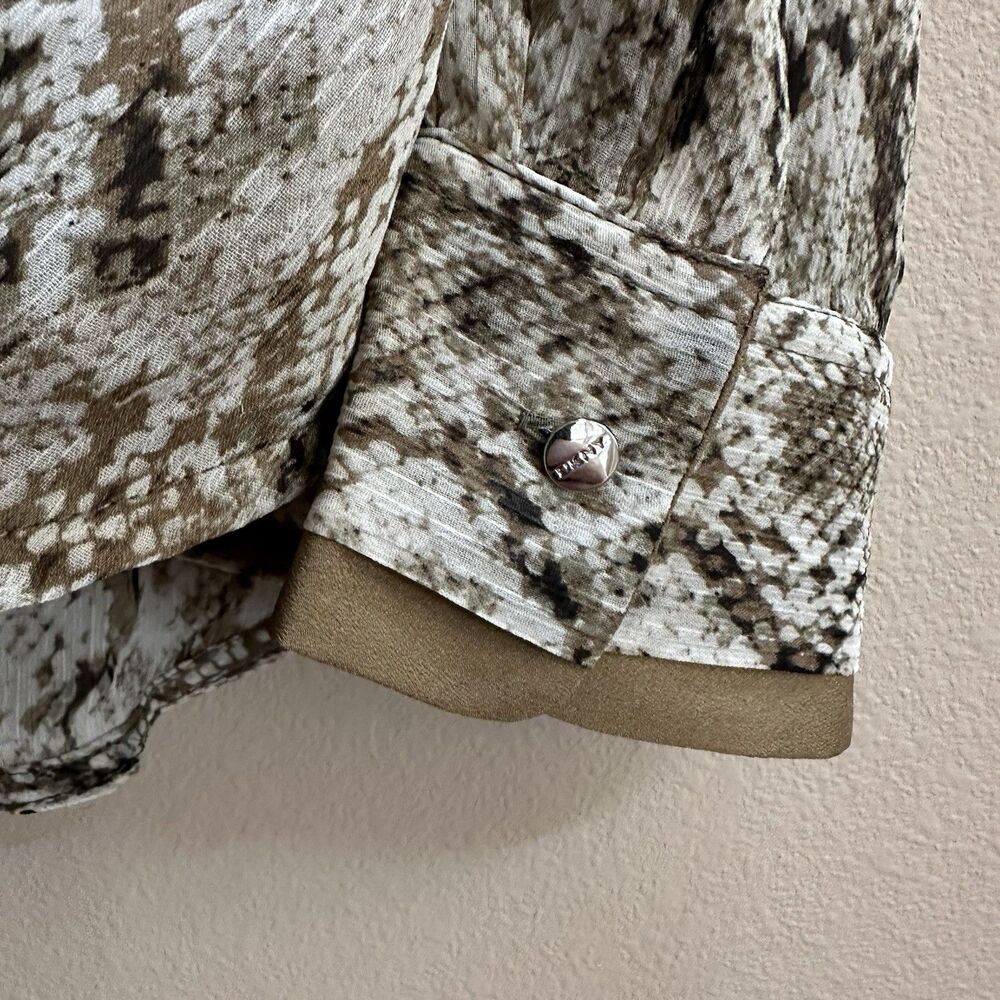 DKNY Top Women's XL Brown Snake Print Faux-Wrap Long Sleeve Semi Sheer Career - Picture 8 of 11